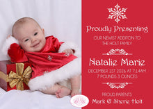 Load image into Gallery viewer, Red Winter Snowflake Birth Announcement Christmas Baby Girl Boy Photo Snow Boogie Bear Invitations Natalie Theme Paperless Printable Printed
