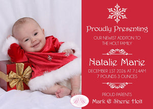 Red Winter Snowflake Birth Announcement Christmas Baby Girl Boy Photo Snow Boogie Bear Invitations Natalie Theme Paperless Printable Printed
