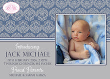 Load image into Gallery viewer, Blue Damask Boy Photo Birth Announcement Grey Ribbon Party Name Modern 1st Boogie Bear Invitations Jack Theme Paperless Printable Printed