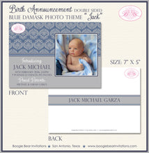 Load image into Gallery viewer, Blue Damask Boy Photo Birth Announcement Grey Ribbon Party Name Modern 1st Boogie Bear Invitations Jack Theme Paperless Printable Printed