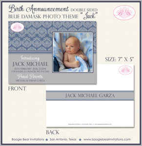 Blue Damask Boy Photo Birth Announcement Grey Ribbon Party Name Modern 1st Boogie Bear Invitations Jack Theme Paperless Printable Printed