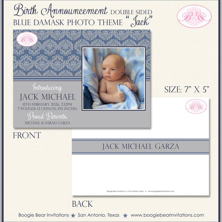 Blue Damask Boy Photo Birth Announcement Grey Ribbon Party Name Modern 1st Boogie Bear Invitations Jack Theme Paperless Printable Printed