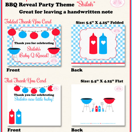 BBQ Reveal Baby Shower Thank You Card Grill Barbeque Q Picnic Dinner Boy Girl Red Blue Black Boogie Bear Invitations Shiloh Theme Printed
