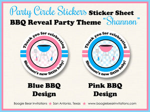 BBQ Reveal Baby Shower Party Stickers Circle Sheet Round Boy Girl Pink Blue Q Cook Barbecue Dinner Tag Boogie Bear Invitations Shannon Theme
