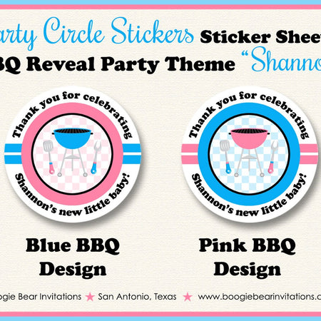 BBQ Reveal Baby Shower Party Stickers Circle Sheet Round Boy Girl Pink Blue Q Cook Barbecue Dinner Tag Boogie Bear Invitations Shannon Theme