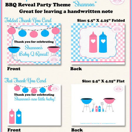 BBQ Reveal Baby Shower Thank You Card Grill Barbeque Q Summer Dinner Boy Girl Pink Blue Black Boogie Bear Invitations Shannon Theme Printed