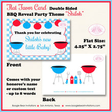 Load image into Gallery viewer, BBQ Reveal Baby Shower Party Favor Card Tent Folded Appetizer Red Blue Grill Q Summer Dinner Boy Girl Boogie Bear Invitations Shiloh Theme
