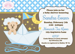 Teddy Bear Boy Baby Shower Invitation Blue Yellow Brown Little Stars Moon Boogie Bear Invitations Sandra Theme Paperless Printable Printed