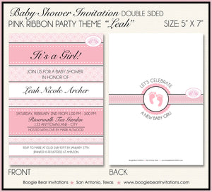 Pink Ribbon Baby Shower Invitation Girl Party Footprints Pretty Circle Black Boogie Bear Invitations Leah Theme Paperless Printable Printed