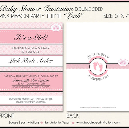Pink Ribbon Baby Shower Invitation Girl Party Footprints Pretty Circle Black Boogie Bear Invitations Leah Theme Paperless Printable Printed