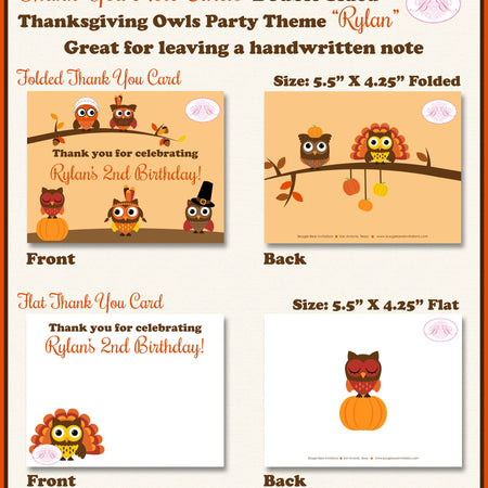 Thanksgiving Owls Party Thank You Card Birthday Girl Boy Turkey Woodland Animals Fall Autumn Fly Boogie Bear Invitations Rylan Theme Printed