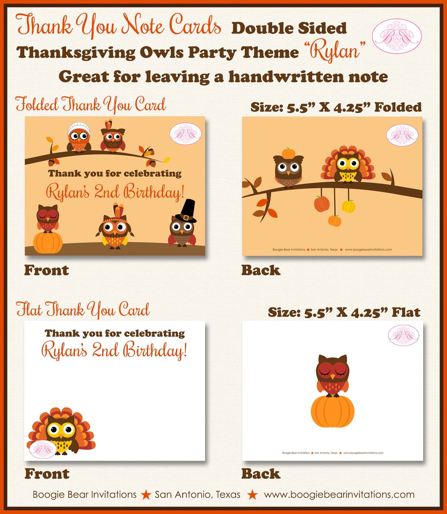 Thanksgiving Owls Party Thank You Card Birthday Girl Boy Turkey Woodland Animals Fall Autumn Fly Boogie Bear Invitations Rylan Theme Printed