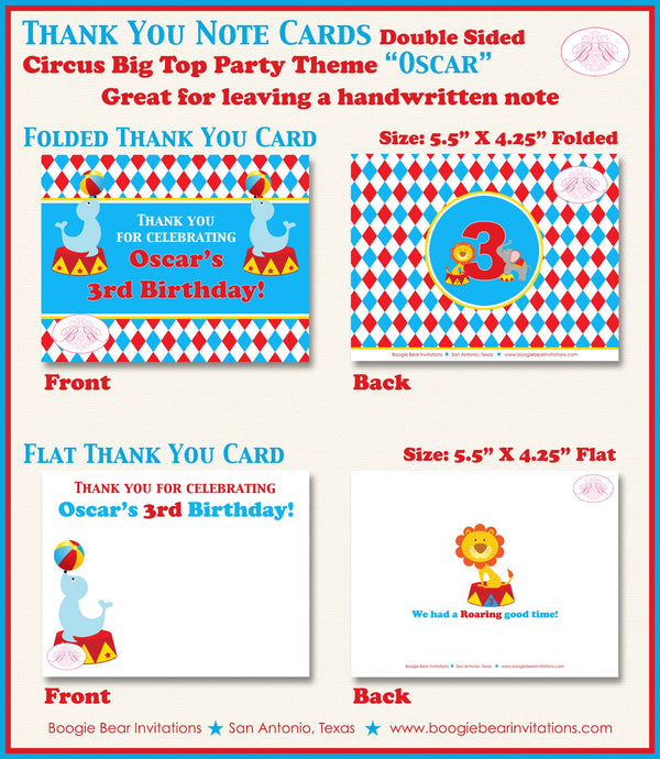Circus Birthday Party Thank You Card Retro Big Top 3 Ring Seal Showman Red Yellow Blue Boy Girl Boogie Bear Invitations Oscar Theme Printed