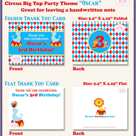 Circus Birthday Party Thank You Card Retro Big Top 3 Ring Seal Showman Red Yellow Blue Boy Girl Boogie Bear Invitations Oscar Theme Printed