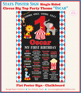 Circus Animals Birthday Party Sign Stats Poster Chalkboard Girl Boy Zoo Red Blue Yellow Showman Big Top Boogie Bear Invitations Oscar Theme