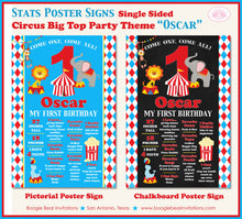 Load image into Gallery viewer, Circus Animals Birthday Party Sign Stats Poster Chalkboard Girl Boy Zoo Red Blue Yellow Showman Big Top Boogie Bear Invitations Oscar Theme