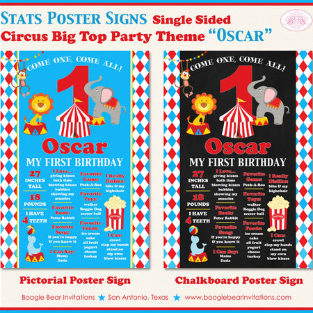 Circus Animals Birthday Party Sign Stats Poster Chalkboard Girl Boy Zoo Red Blue Yellow Showman Big Top Boogie Bear Invitations Oscar Theme
