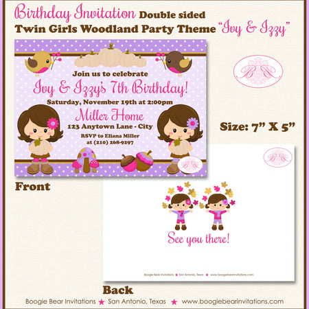 Twin Girl Woodland Birthday Party Invitation Fall Autumn Thanksgiving Boogie Bear Invitations Ivy & Izzy Theme Paperless Printable Printed