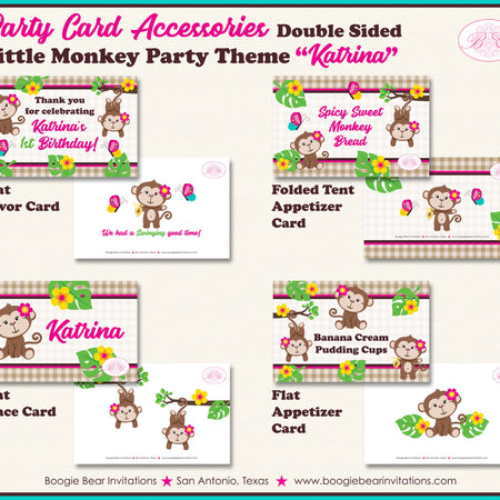 Pink Monkey Birthday Favor Party Card Tent Place Food Appetizer Tag Tropical Jungle Garden Girl Zoo Boogie Bear Invitations Katrina Theme