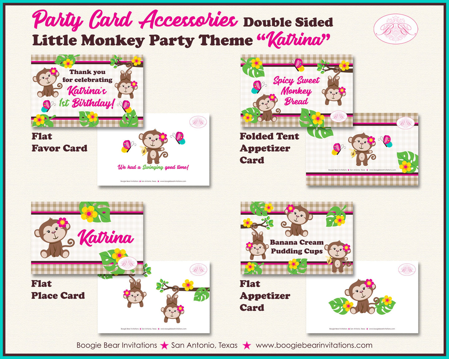 Pink Monkey Birthday Favor Party Card Tent Place Food Appetizer Tag Tropical Jungle Garden Girl Zoo Boogie Bear Invitations Katrina Theme