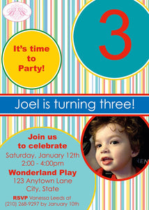 Circles Stripes Photo Party Invitation Birthday Girl Boy Modern Red Teal Blue Boogie Bear Invitations Joel Theme Paperless Printable Printed