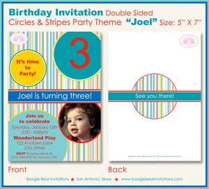 Circles Stripes Photo Party Invitation Birthday Girl Boy Modern Red Teal Blue Boogie Bear Invitations Joel Theme Paperless Printable Printed