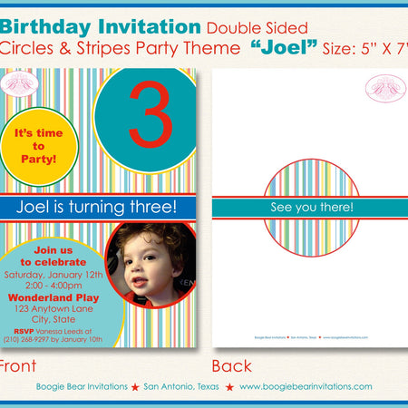 Circles Stripes Photo Party Invitation Birthday Girl Boy Modern Red Teal Blue Boogie Bear Invitations Joel Theme Paperless Printable Printed