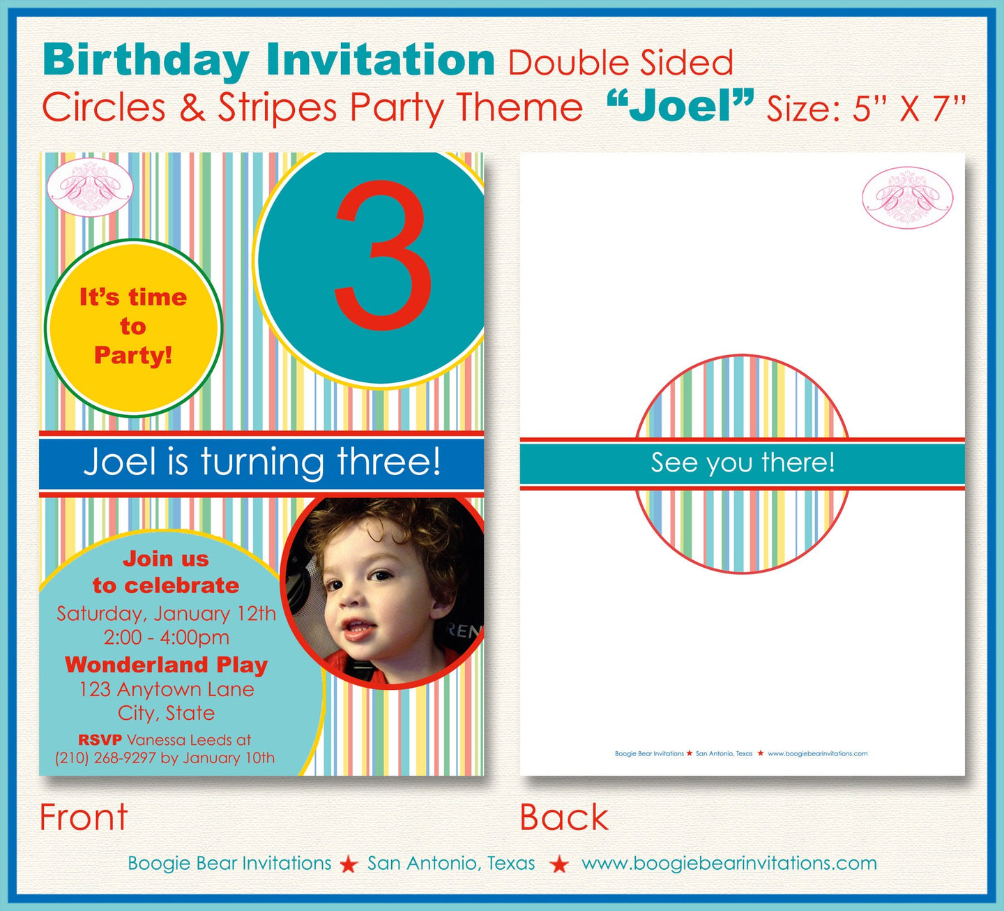 Circles Stripes Photo Party Invitation Birthday Girl Boy Modern Red Teal Blue Boogie Bear Invitations Joel Theme Paperless Printable Printed