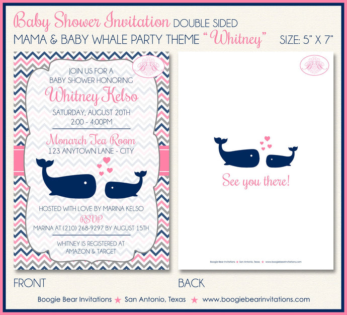 Pink Grey Whale Baby Shower Invitation Girl Grey Navy Blue Chevron Pool Boogie Bear Invitations Whitney Theme Paperless Printable Printed