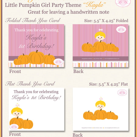 Purple Pumpkin Party Thank You Card Birthday Girl Fall Autumn Harvest Pink Orange Little Rustic Boogie Bear Invitations Kayla Theme Printed