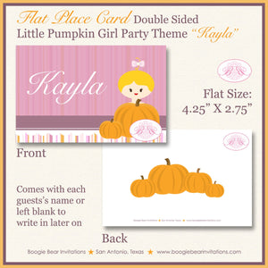 Purple Pumpkin Birthday Favor Party Card Tent Place Food Appetizer Tag Girl Fall Autumn Orange Little Boogie Bear Invitations Kayla Theme