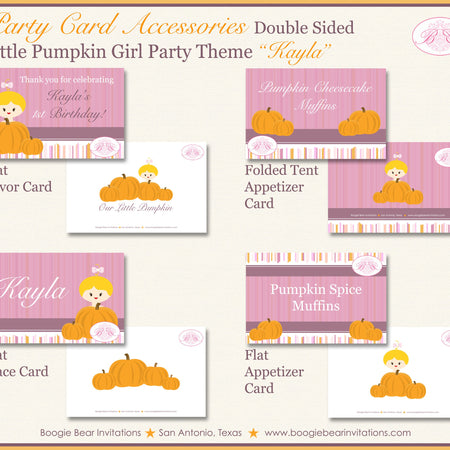Purple Pumpkin Birthday Favor Party Card Tent Place Food Appetizer Tag Girl Fall Autumn Orange Little Boogie Bear Invitations Kayla Theme
