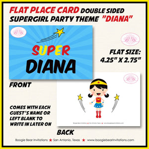 Super Girl Birthday Party Favor Card Tent Appetizer Place Tag Superhero Supergirl Hero Red Yellow Comic Boogie Bear Invitations Diana Theme