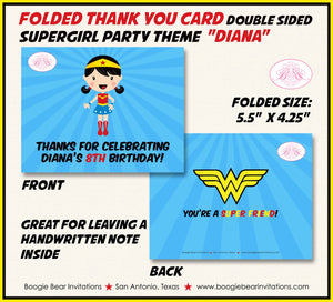 Super Girl Birthday Party Thank You Card Superhero Supergirl Comic Red Yellow Blue Hero Friends Boogie Bear Invitations Diana Theme Printed