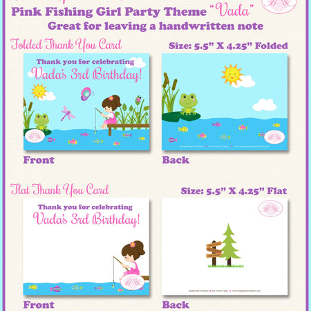 Fishing Girl Party Thank You Card Pink Birthday Lake River Ocean Dock Summer Swim Swimming Frog Boogie Bear Invitations Vada Theme Printed