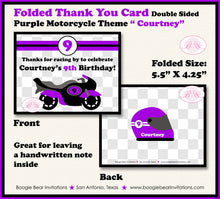 Load image into Gallery viewer, Purple Motorcycle Party Thank You Card Birthday Racing Girl Enduro Motocross Race Track Black Boogie Bear Invitations Courtney Theme Printed