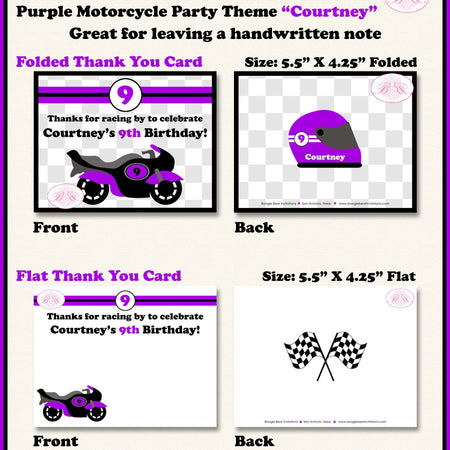 Purple Motorcycle Party Thank You Card Birthday Racing Girl Enduro Motocross Race Track Black Boogie Bear Invitations Courtney Theme Printed