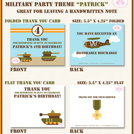 Military Birthday Party Thank You Card Army Navy Air Force Marines Camo Green Tank Active Duty Boogie Bear Invitations Patrick Theme Printed