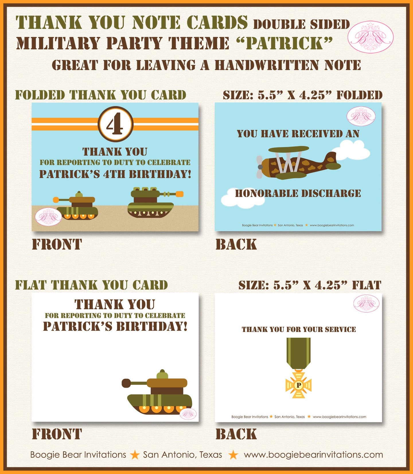 Military Birthday Party Thank You Card Army Navy Air Force Marines Camo Green Tank Active Duty Boogie Bear Invitations Patrick Theme Printed