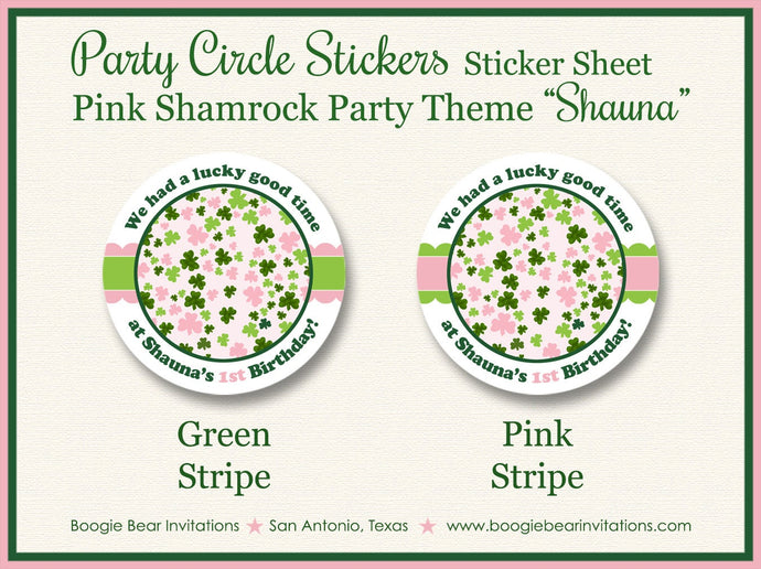 Pink Shamrock Birthday Party Stickers Circle Sheet Round Girl Green Favor St. Patrick's Day Lucky Charm Boogie Bear Invitations Shauna Theme