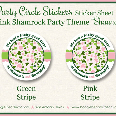 Pink Shamrock Birthday Party Stickers Circle Sheet Round Girl Green Favor St. Patrick's Day Lucky Charm Boogie Bear Invitations Shauna Theme