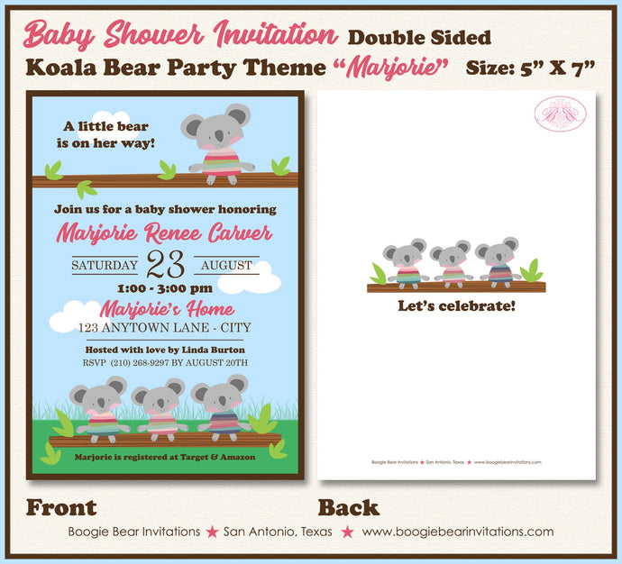 Koala Bear Baby Shower Invitation Pink Girl Aussie Down Under Green Brown Boogie Bear Invitations Marjorie Theme Paperless Printable Printed