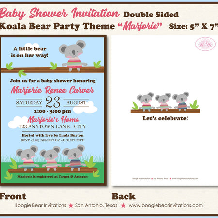 Koala Bear Baby Shower Invitation Pink Girl Aussie Down Under Green Brown Boogie Bear Invitations Marjorie Theme Paperless Printable Printed