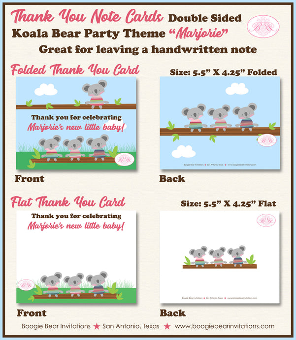 Koala Bear Thank You Card Baby Shower Party Pink Girl Aussie Down Under Green Brown Australia Boogie Bear Invitations Marjorie Theme Printed