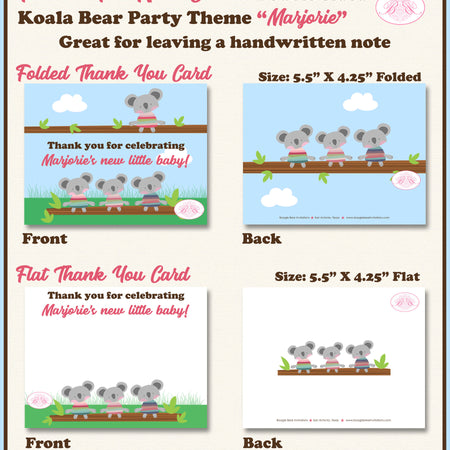 Koala Bear Thank You Card Baby Shower Party Pink Girl Aussie Down Under Green Brown Australia Boogie Bear Invitations Marjorie Theme Printed