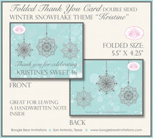 Load image into Gallery viewer, Winter Snowflake Birthday Thank You Card Party Note Flat Folded Ornament Bokeh Blue Silver Boogie Bear Invitations Kristine Theme Printed