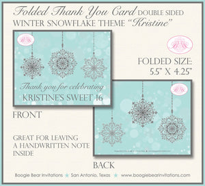 Winter Snowflake Birthday Thank You Card Party Note Flat Folded Ornament Bokeh Blue Silver Boogie Bear Invitations Kristine Theme Printed