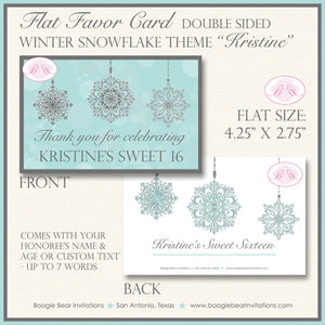 Winter Snowflake Birthday Favor Party Card Tent Place Food Appetizer Tag Ornament Bokeh Blue Silver Boogie Bear Invitations Kristine Theme