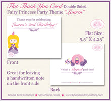 Load image into Gallery viewer, Princess Purple Birthday Party Thank You Card Pink Girl Fairy Queen Castle Crown Royal Dance Boogie Bear Invitations Lauren Theme Printed