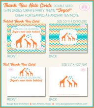 Load image into Gallery viewer, Twins Giraffe Thank You Card Baby Shower Girl Boy Reveal Party Aqua Turquoise Blue Orange Teal Boogie Bear Invitations Joyce Theme Printed
